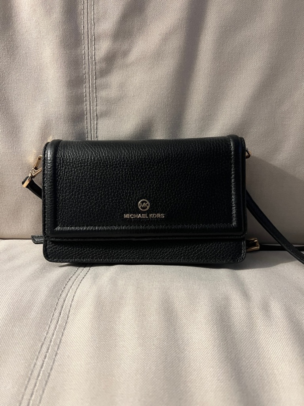 Michael Kors Black Pebbled Leather Crossbody Wallet with Gold Hardware